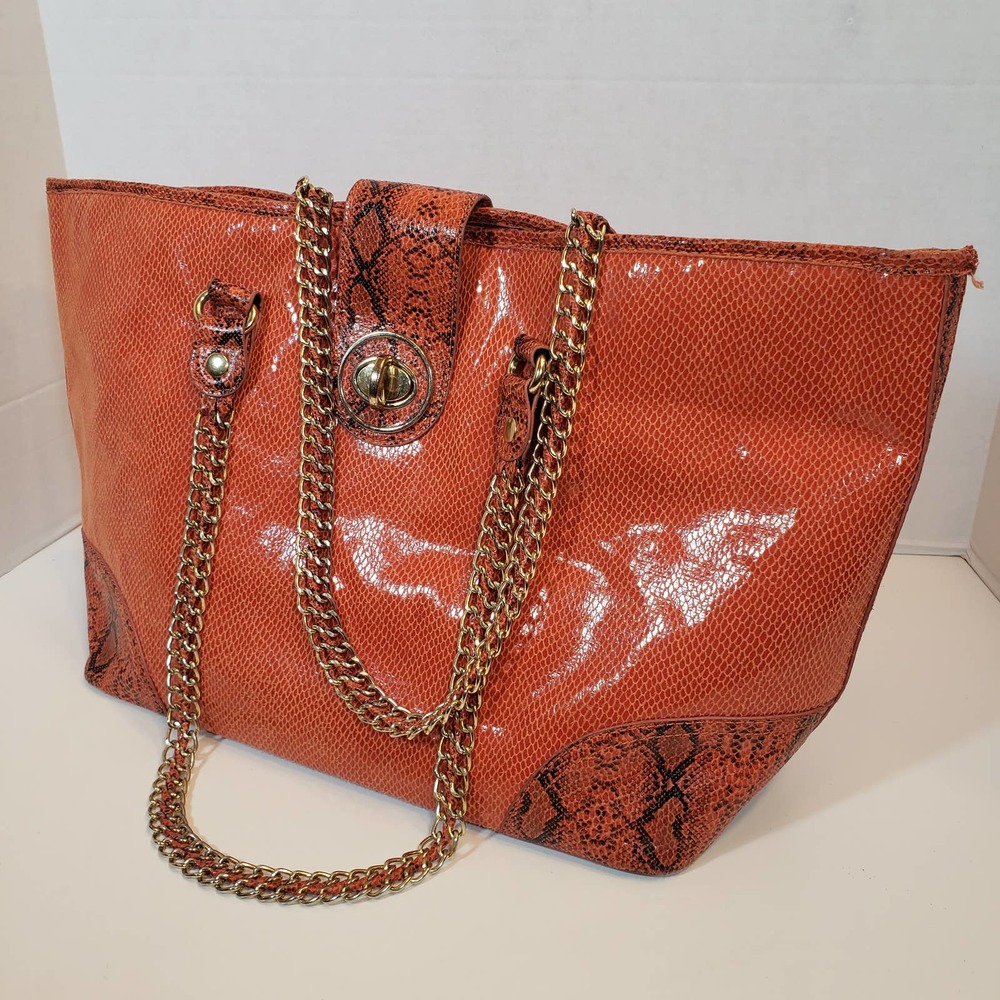 Kate Landry Orange Faux Snake Lizard Large Bag Chain Tote 19X11